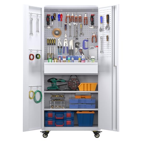 Garage Storage Cabinet with Wheels & Pegboard, 72" H Locking Metal Storage Cabinet with Doors and 4 Adjustable Shelves for Garage Workshop Home