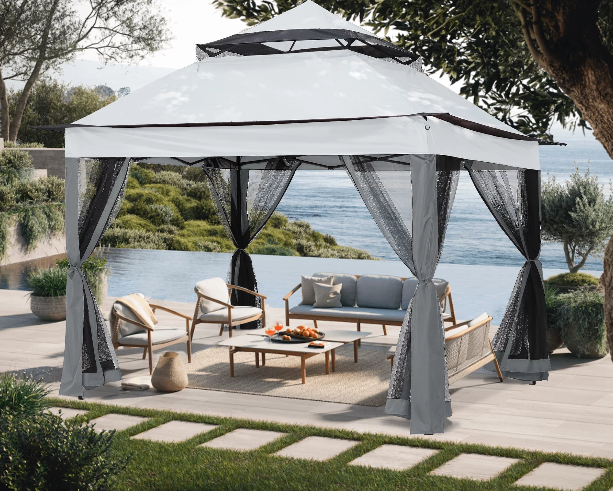 ABCCANOPY 13'x13' Gazebo Tent Outdoor Pop up Gazebo Canopy Shelter with Mosquito Netting, Brown