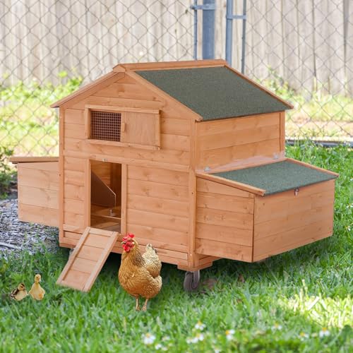 Large Chicken Coop with Wheels,Mobile Hen House for 4-6 Chicken,Portable Chicken House with Nesting Box,Wooden Poultry Cage,Waterproof Rabbit Cage