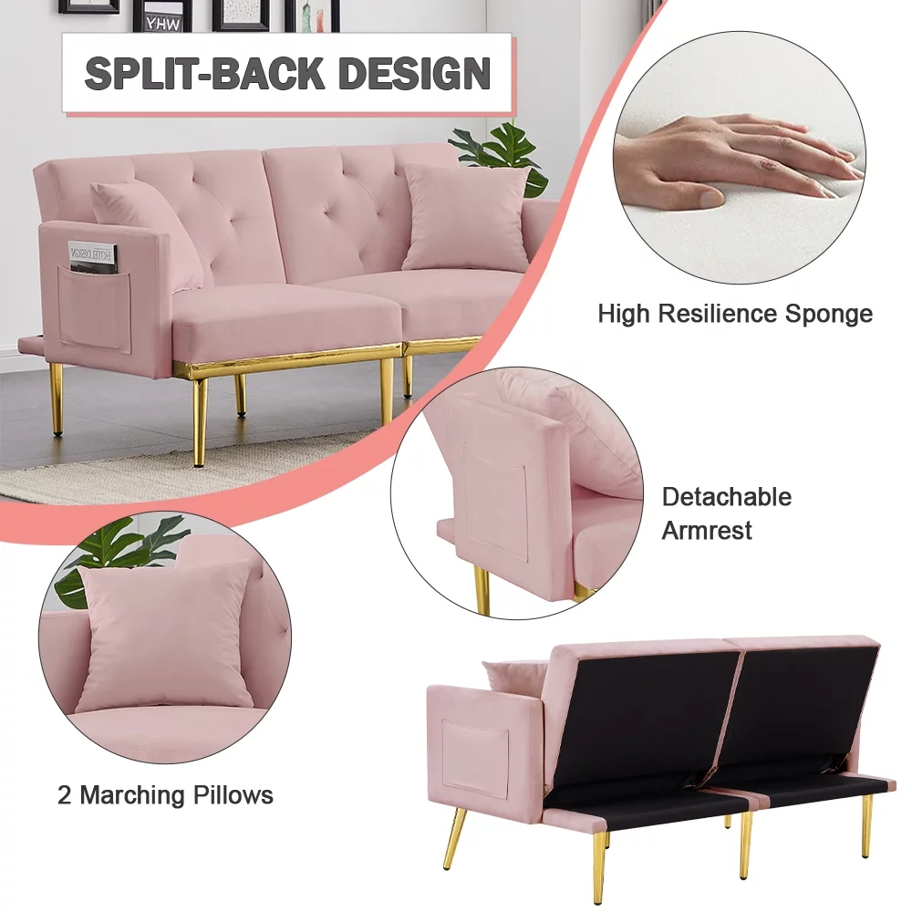 Pink Velvet Futon Couch, Folding Sleeper Sofa, Sofa Couch Bed with 2 Pillows, Modern Upholstered Loveseat Sofa with Gold Metal Legs