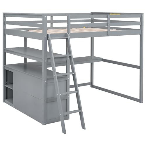 Full Size Loft Bed with Desk & Wardrobe, Solid Wood Kids Loft Bedframe w/3 Storage Drawers & 2 Shelves, Maximum Space Design, for Bedroom, Dorm, Gray