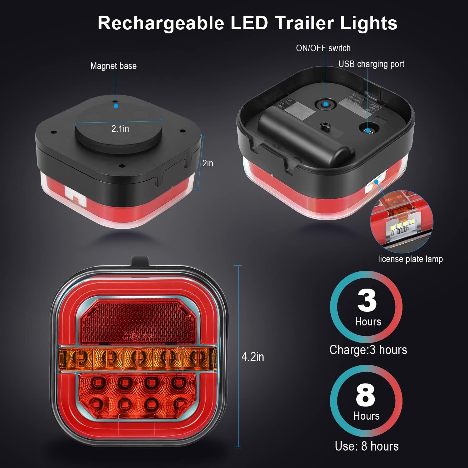 Wireless Trailer Lights for Towing, 2 Pcs Rechargeable LED Magnetic Tail Light Kit for Tow Truck
