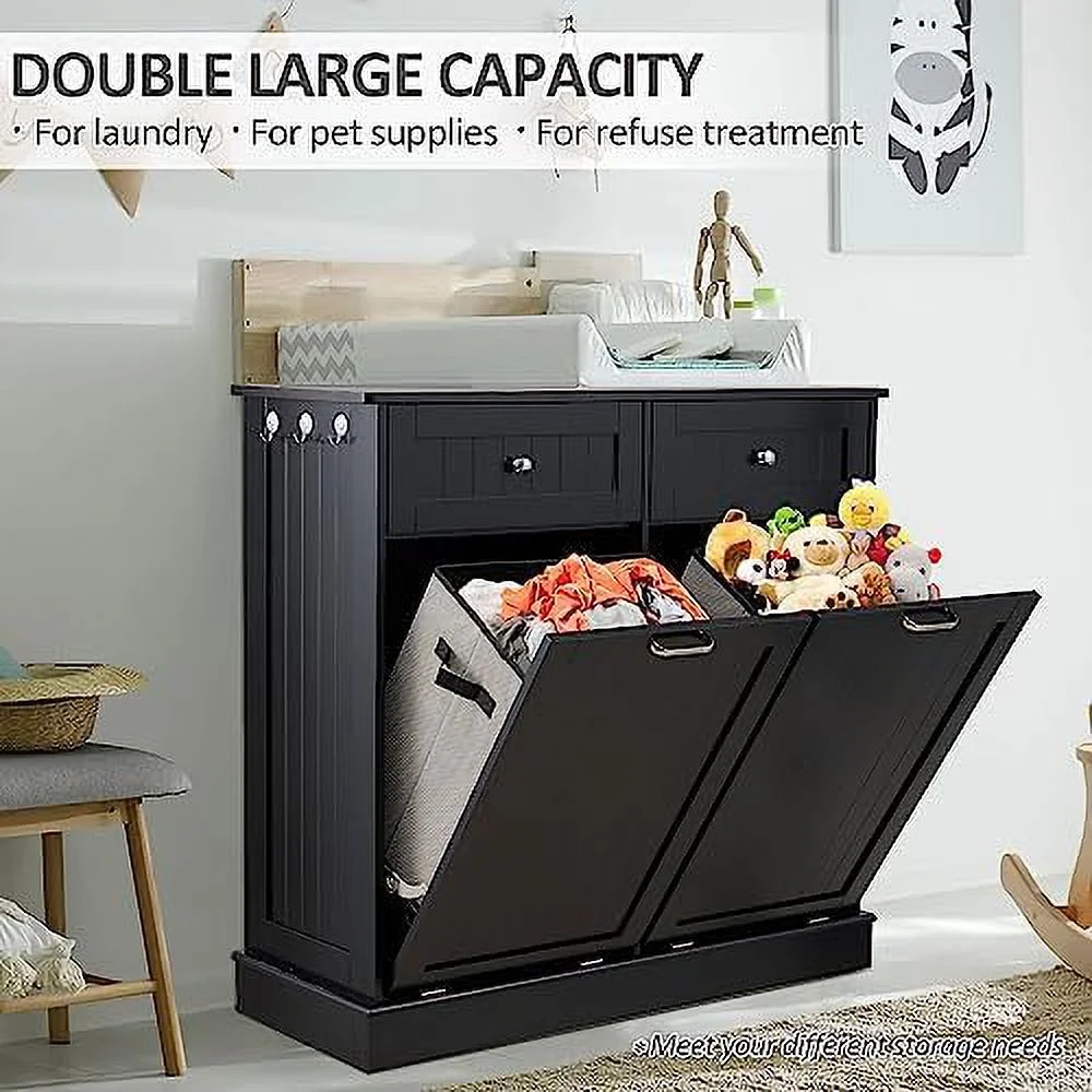 LLBIULife Double Tilt Out Trash Cabinet   Free Standing Laundry Hamper with Hideaway Drawer  Bag  20 Gallon Pet Proof  for Living Room Black