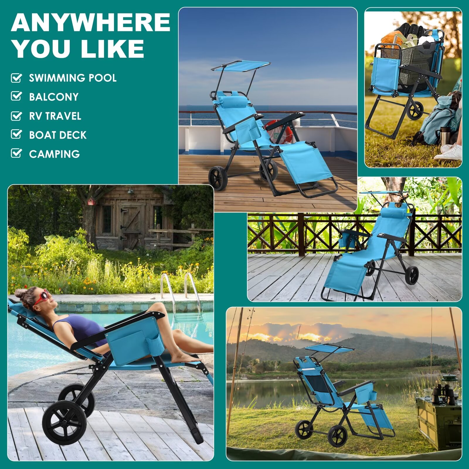 MOPHOTO Canopy Beach Chair Support 300bls, 2 in 1 Beach Cart Chair with Large Wheels