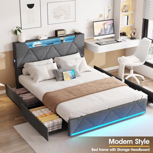 Vabches Queen Bed Frame with Storage Headboard and 4 Drawers,Upholstered Platform with Charging Station and Led Lights,Adjustable Headboard