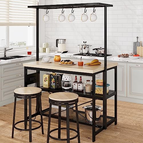 Kitchen Island with Storage, Bakers Rack with Power Outlet, Island Table for Kitchen,3 Tier Microwave Stand Oven Shelf,Large Coffee Bar Table