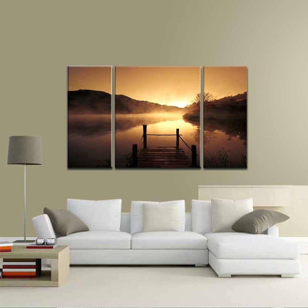 Wieco Art Canvas Prints Wall Art Sunset Beach Picture Paintings for Living Room Bedroom Decor Home Decorations Misty Lake 3 Piece Modern Stretched