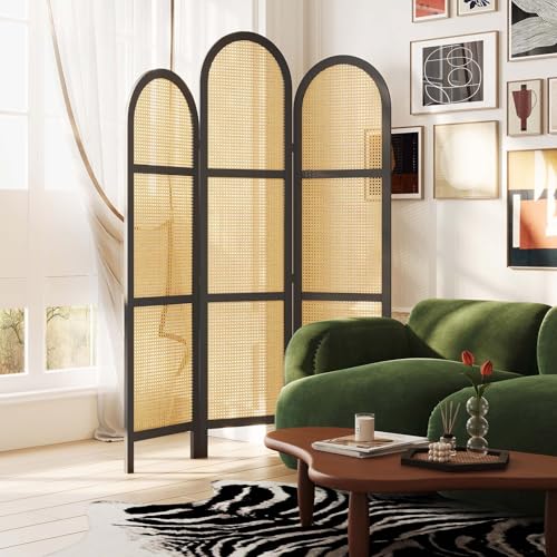 Room Divider and Folding Privacy Screens, Pine Wood 5.6 Ft Double Hinged Rattan Partition Freestanding Wall Room Divider for Home - 3 Panels