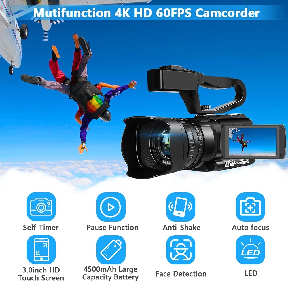 Video Camera 4K HD Auto Focus Camcorder 48MP 60FPS 30X Digital Zoom Camera for YouTube LED Function 4500mAh Battery with Handheld Stabilizer