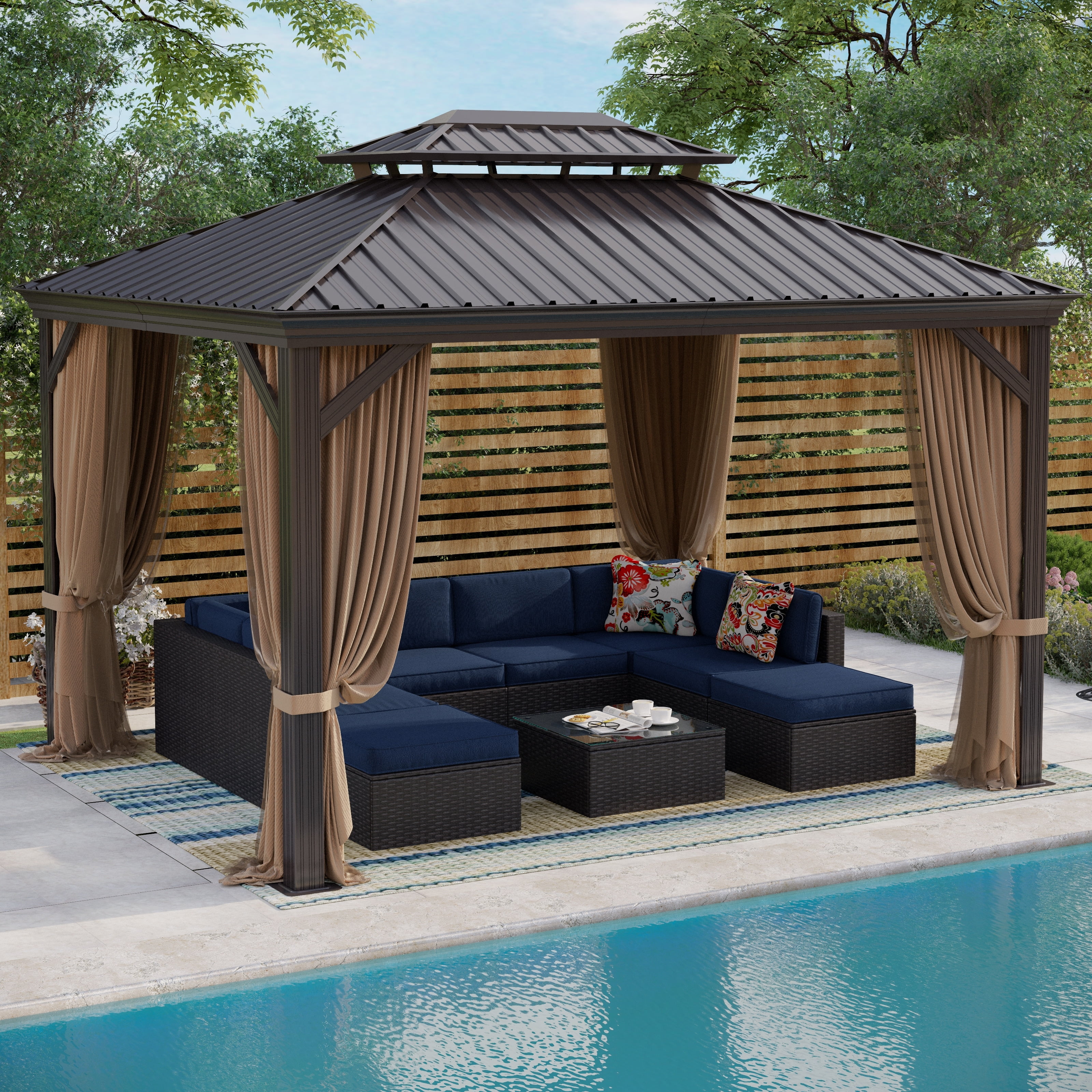 12' x 16' Hardtop Aluminum Permanent Gazebo Canopy with Netting & Curtains 10'x12'