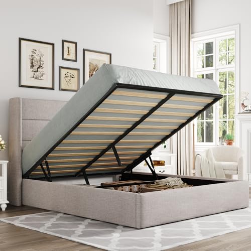 Allewie Full Size Lift Up Storage Bed, Modern Wingback Headboard, Hydraulic Support, No Box Spring Needed, Light Beige