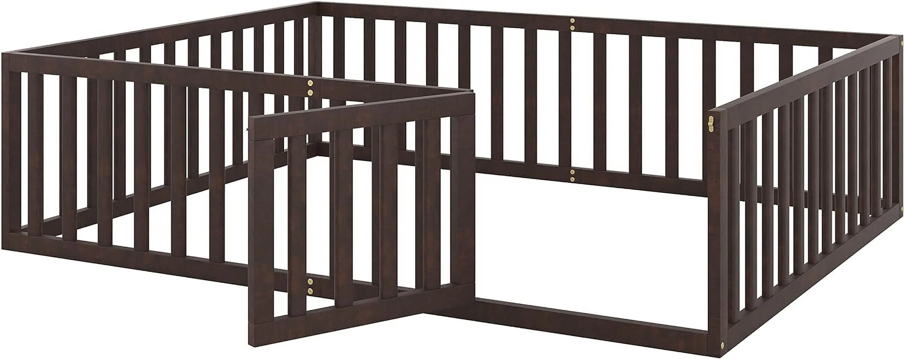 Queen Floor Bed With Fence For Kids, Montessori Floor Bed, Wood Platform Bed Frame Cabin Bed For Girls Boys, Walnut