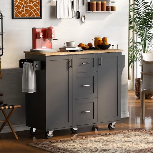Kitchen Island with Storage and 3 Drawers on Wheels,Rolling Kitchen Cart w/Rubber Wood Top and 2 Slide-Out Shelf,Spice Rack & Tower Rack,Grey Blue