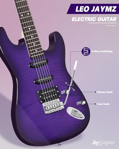 Leo Jaymz 39" Full Size ST Style Electric Guitar Starter Kit with SSH Pickup, 5W Portable Amp, Tuner, Gig Bag, Strap & Accessories (Violet Ocean)