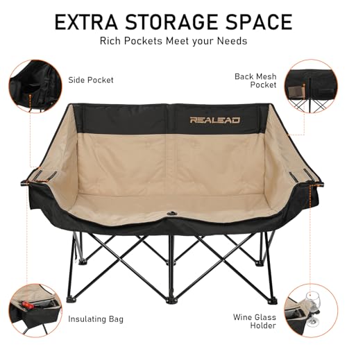 REALEAD Heated Double Camping Chair, 3 Heat Levels and 4 Heating Zones, Portable Heated Loveseat Chair for Outdoor Sports Support 650lbs