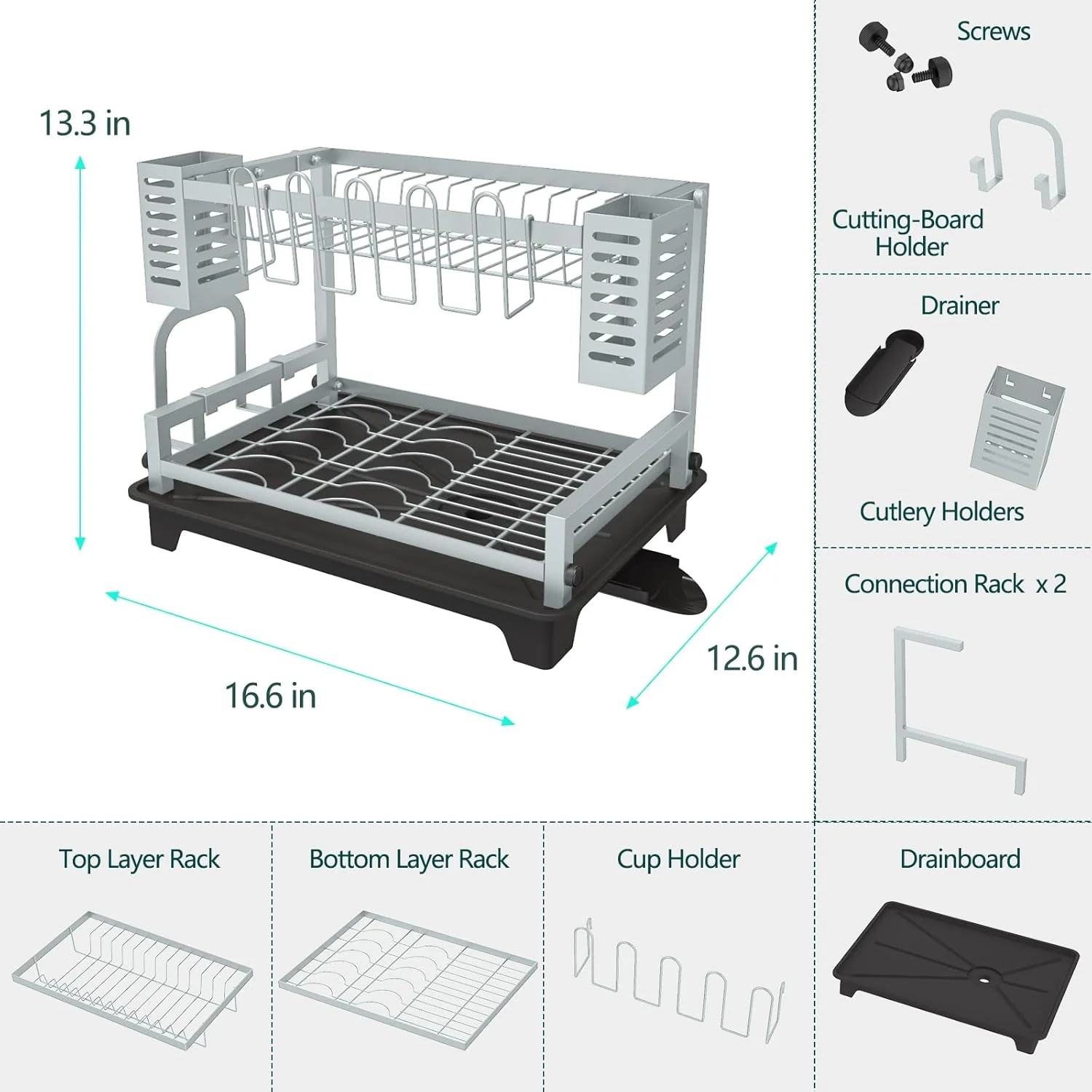 Dish Drying Rack: 2 Tier Dish Racks for Kitchen Counter and Sink - Large Dish Drying Rack with Drainboard &amp; Utensil Holders