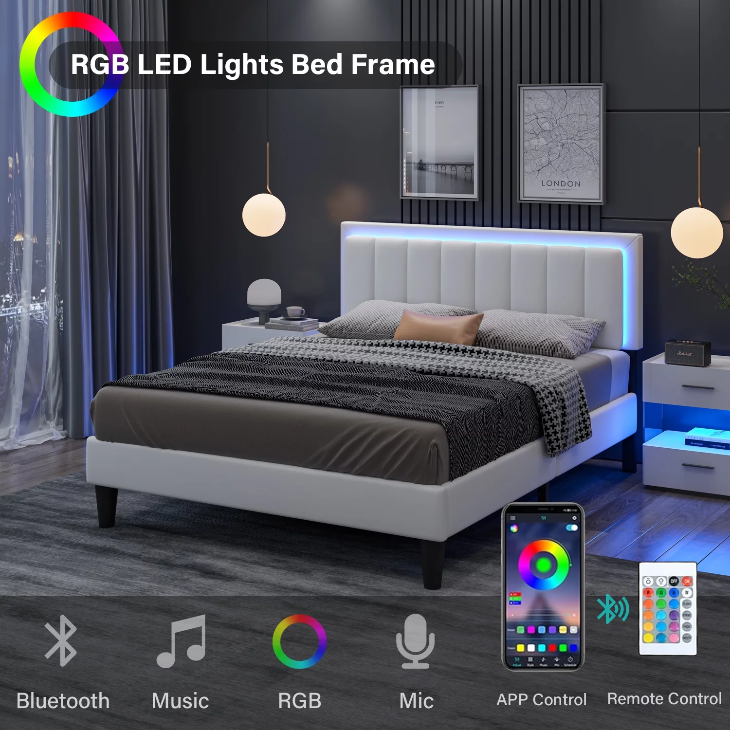 4 EVER WINNER Full Size Led Bed Frame, Upholstered Platform Bed Frame with PU Faux Leather Headboard, White
