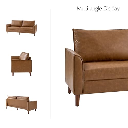 HULALA HOME 78" Faux Leather Sofa with Solid Wood Legs, Mid-Century Modern PVC Leather Couch, Comfy Upholstered 3-Seater Sofa for Living Room Bedroom