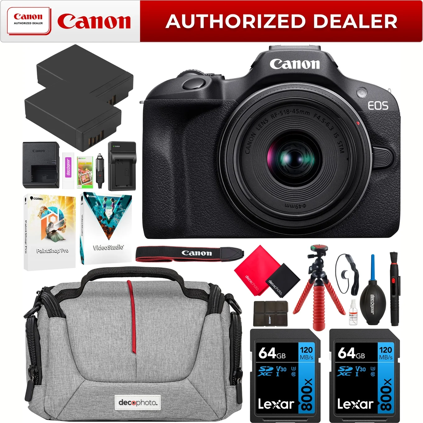 Canon EOS R100 Mirrorless Camera Body with RF-S 18-45mm F4.5-6.3 IS STM Lens 6052C012 Bundle with Deco Gear Photography Bag + 2 x Battery + 2 x 64GB