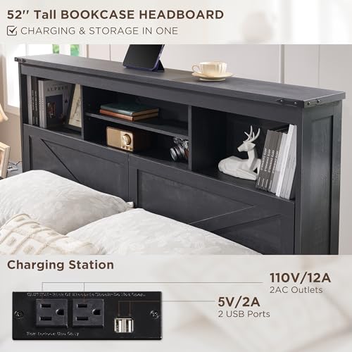Queen Size Wood Bed Frame Farmhouse with 52" Tall Storage Bookcase Headboard, LED Light,Charging Station,4 Drawers and Solid Wood Slats Support