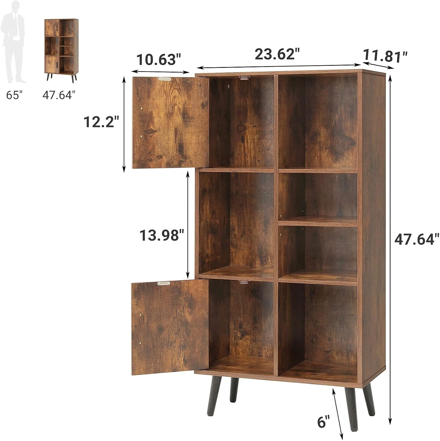 USIKEY Large Storage Cabinet, Mid Century Bookshelf with 2 Doors, 5 Open Shelves, 47.6 H Bookcase Cabinet with Adjustable Shelf