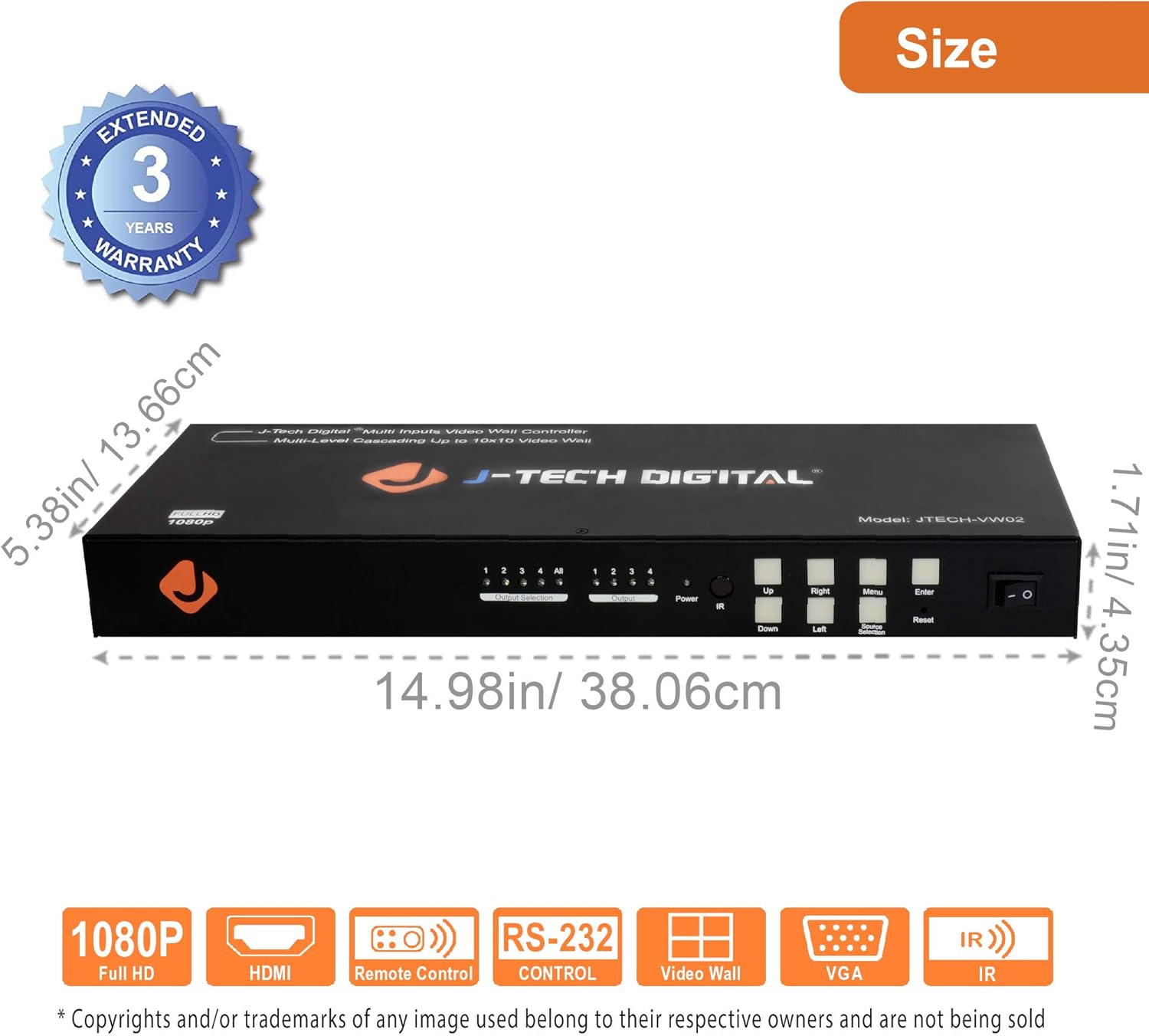 J-Tech Digital Video Wall Controller 3X3 2X2 1X4 3X1 Multi-Channel inputs HDMI VGA AV USB for LCD LED Video Wall Display with Cascading Function