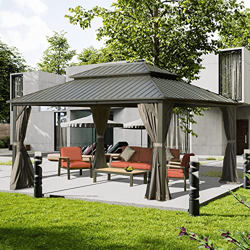 Domi 10' x 10' Hardtop Gazebo Outdoor Metal Gazebo with Galvanized Steel Double Roof Canopy, Curtains and Netting for Patio, Backyard, Deck