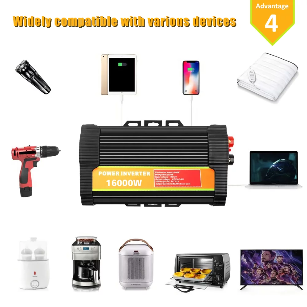 Modified Sine Inverter High Frequency 16000W Peak Power Watt Power Inverter DC to AC Converter Car Power Inverter with 2.1A Dual USB Port