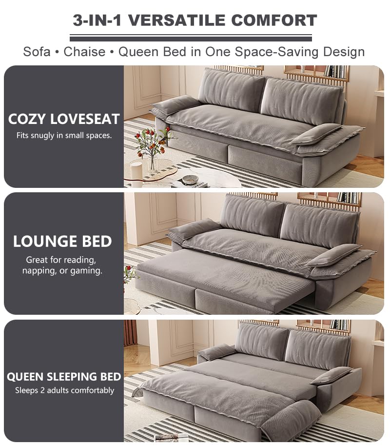 70.1" Futon Sofa Bed Queen Size, Pull Out Bed, 3-in-1 Convertible Sleeper Sofa with 2 Soft Pillows, Modern Velvet Futon Couch for Living Room