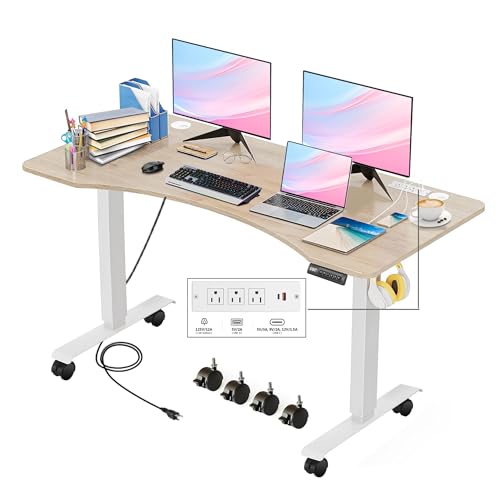 Electric Standing Adjustable Height Desk 55'' x 24''Sit Stand Desk with Charging Station, 2 USB Ports, 3 Power Outlets, 4 Caster