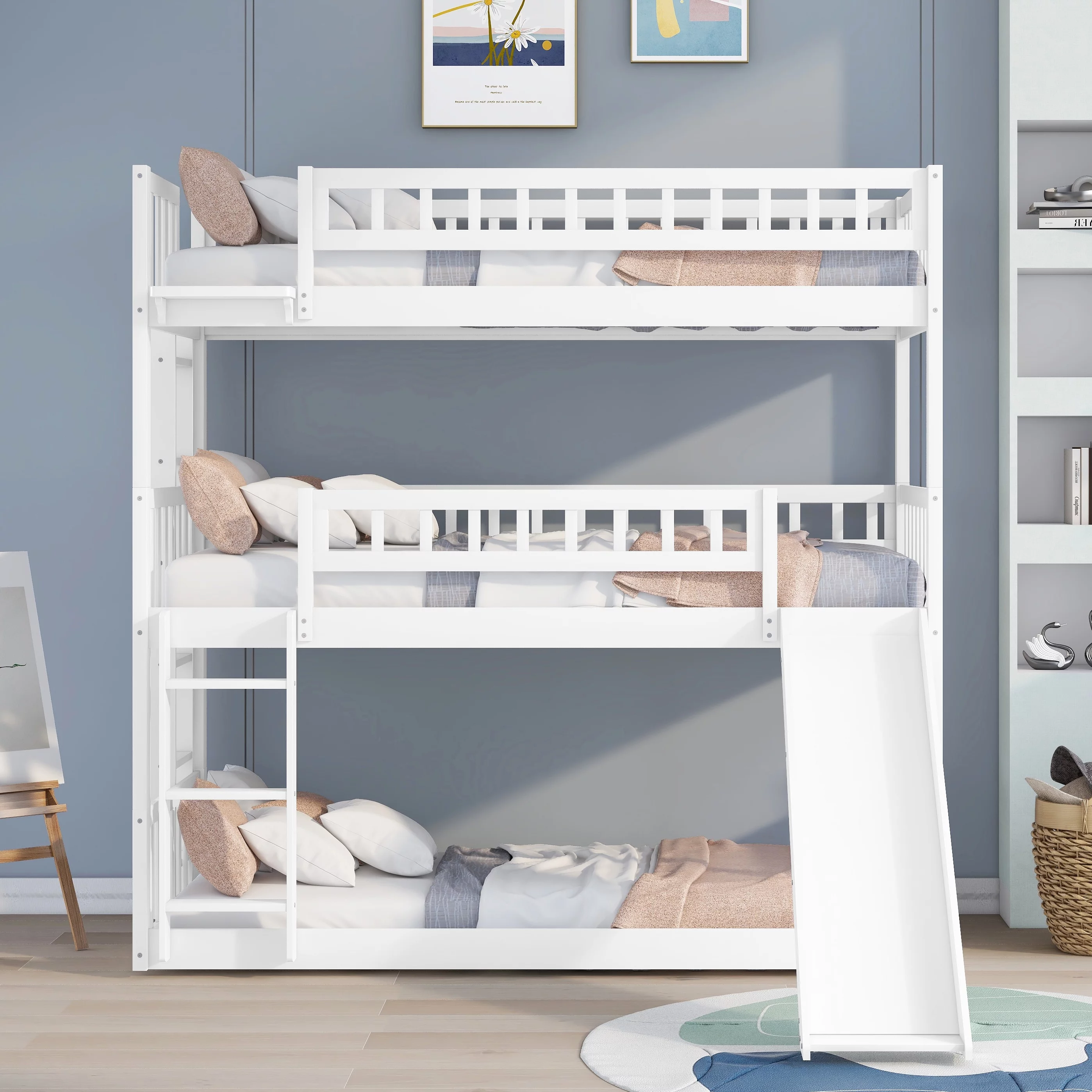 Bellemave Triple Bunk Bed with Slide, Wood Twin Over Twin Over Twin 3 Bunk Bed with Built-In Ladder and Guardrails, Triple Bed for Kids, Teens, Boys