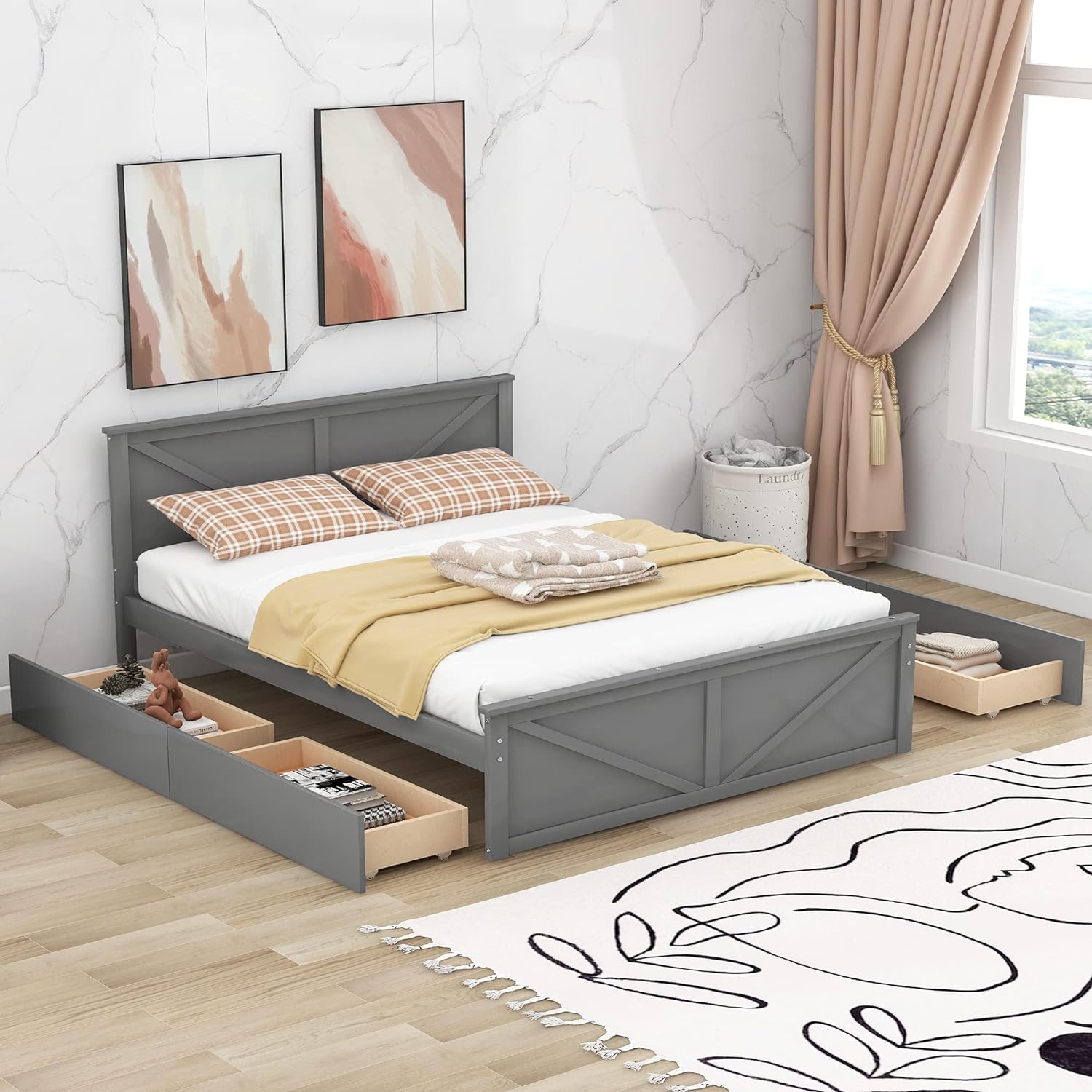 Queen Bed Frame With 4 Storage Drawers Wood Platform Bed With Headboard And Footboard Panel Beds With Slats For Boys, Girls, Kids, Teens, Gray