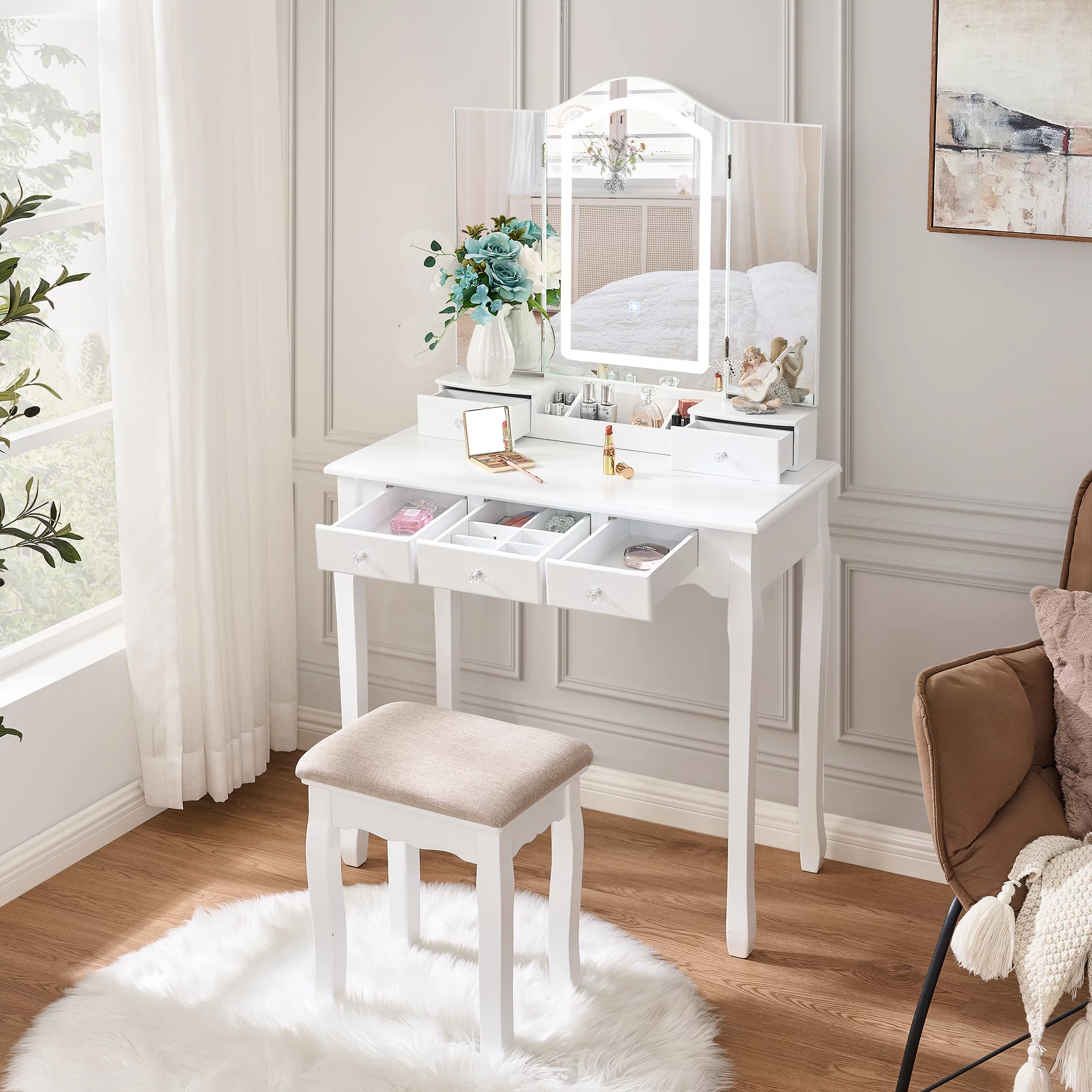 BEWISHOME Vanity Desk with Mirror and Lights, Makeup Vanity with Lights, White Vanity Set with Tri-Folding Mirror with 3 Colors