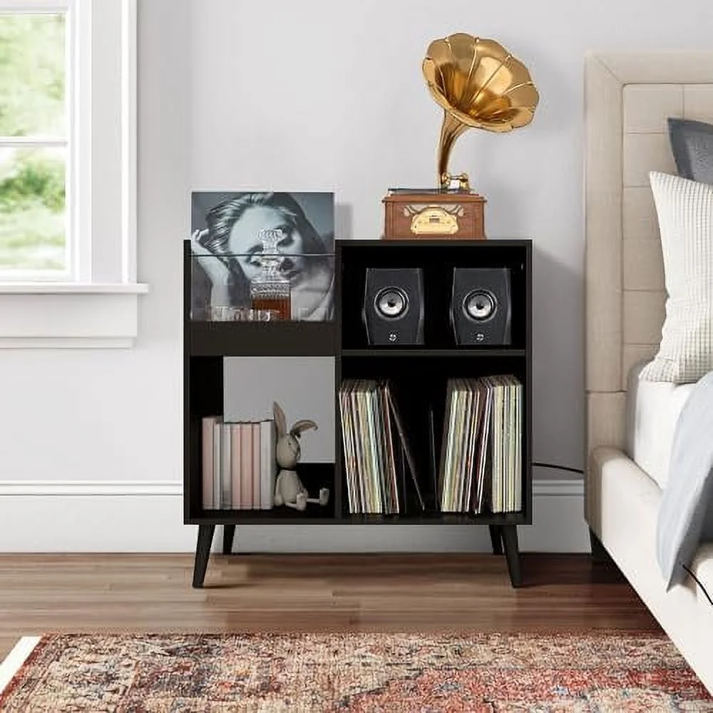 CDHJKKB Mid-Century Vinyl  Cabinet  with Solid Wood Legs  Turntable Stand with Power Outlet Holds up to 200 Albums  Record Player Holder Display