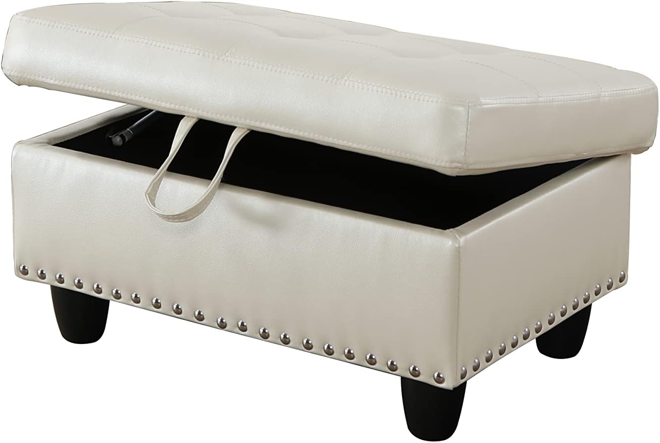 Faux Leather Square Storage Ottoman, Ivory White,F09914