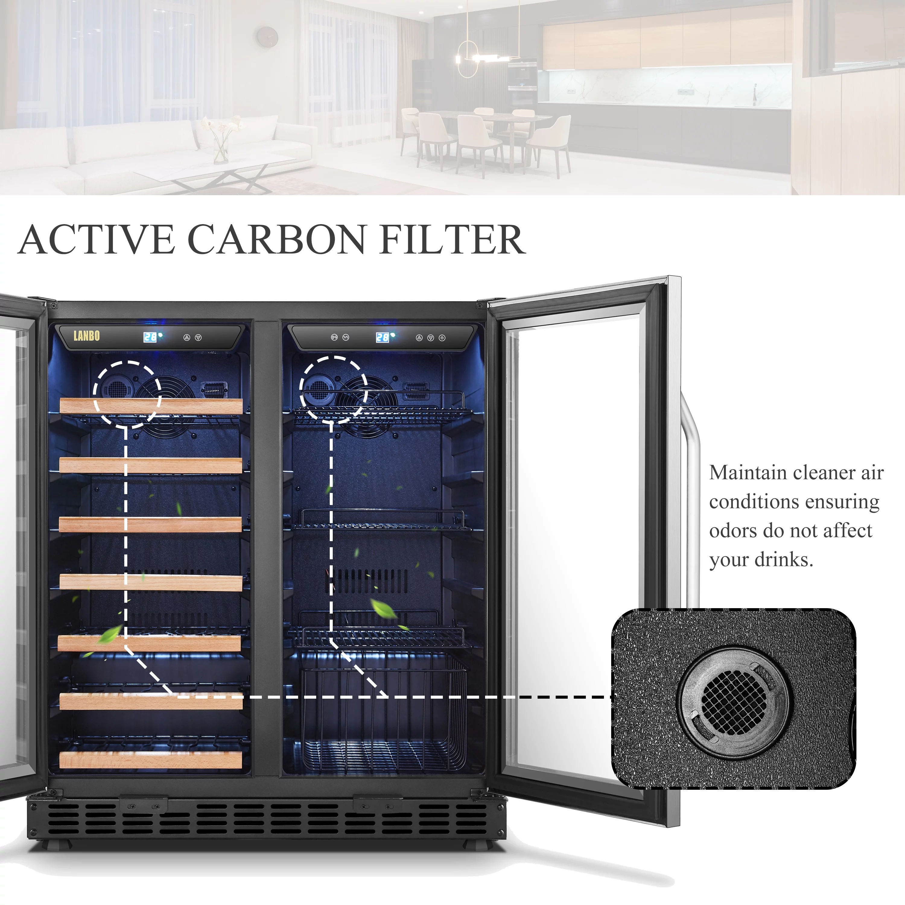 Lanbo 70 Can 33 Bottle Under Counter Dual Zone Wine Refrigerator and Beverage Cooler 30 inch Width