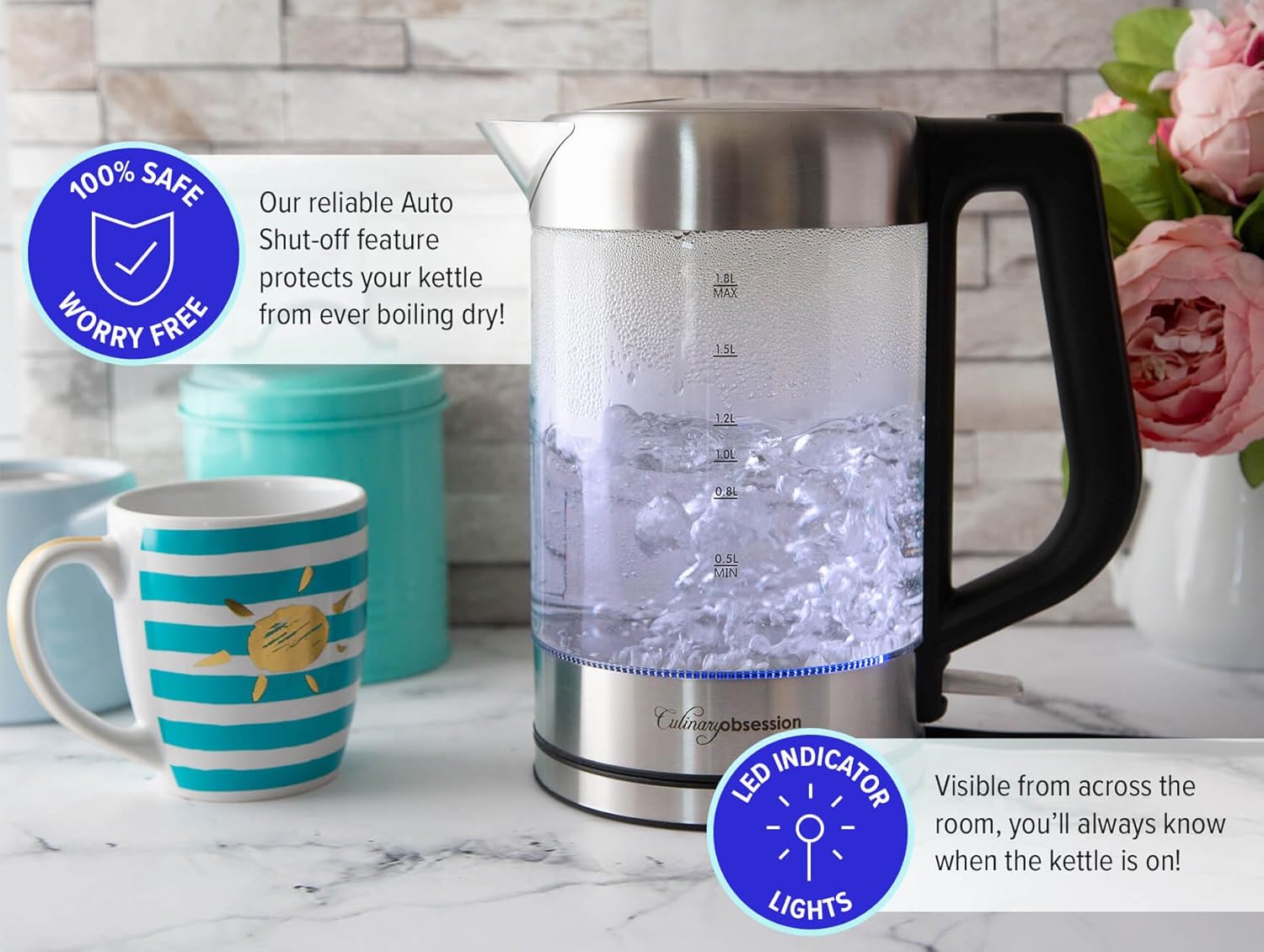 Glass Electric Kettle | BPA Free with Borosilicate Glass & Stainless Steel - 1.8 Liter Rapid Boil Cordless Teapot with Automatic Shut Off