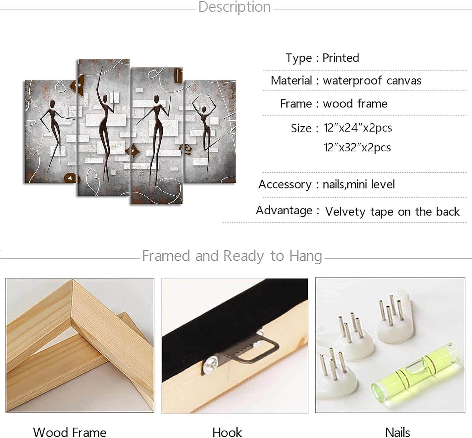 RyounoArt 4 Piece African American Canvas Wall Art Dancing Black Women Painting Pictures Abstract Modern Prints Minimalist Artwork for Living Room