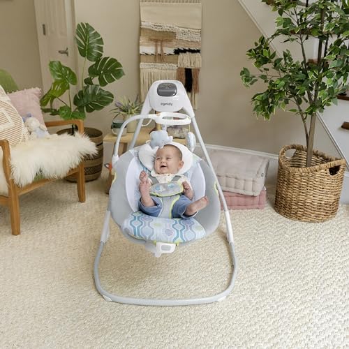 Ingenuity SimpleComfort Lightweight Compact 6-Speed Multi-Direction Baby Swing, Vibrations & Nature Sounds, 0-9 Months 6-20 lbs (Pink Cassidy)