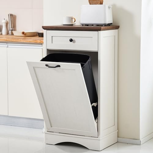 AHB 13 Gallons Tilt Out Trash Cabinet Free Standing Kitchen Trash Cabinet Recycling Garbage Cabinet with Hideaway Drawer Pet Proof Trash Can Holder