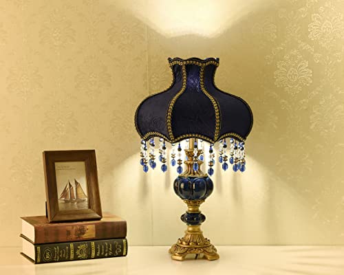 Victorian Style Table Lamp Blue Fabric Lampshade Hand-Made Antique Varnished Resin Lampbody Small Lamp for Living Room Bedroom,13 in W, 21.6 in H (Q2)