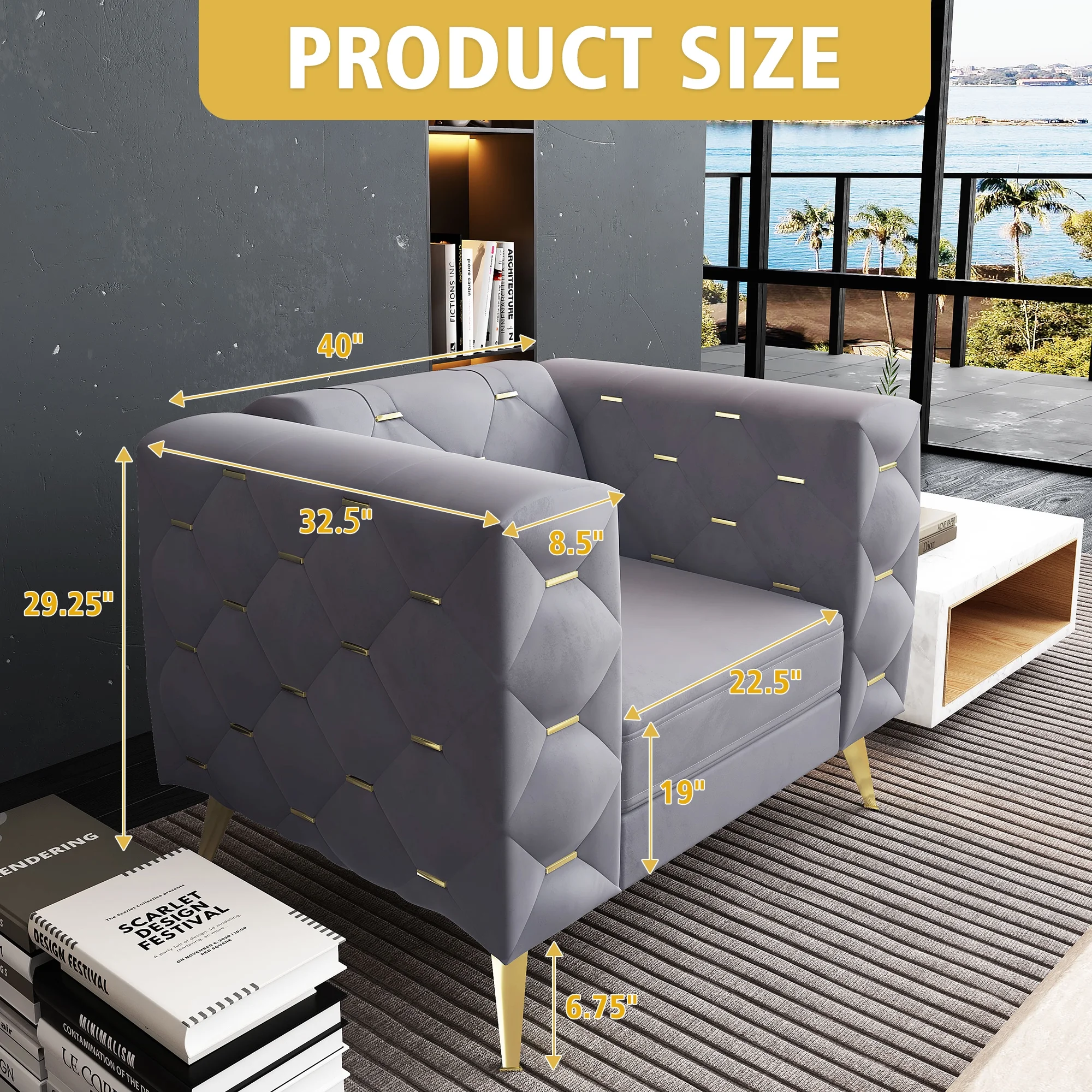 Giratree Living Room Furniture Sets, 3 Piece Mid Century Modern Velvet Upholstered Living Room Sofa, Gray