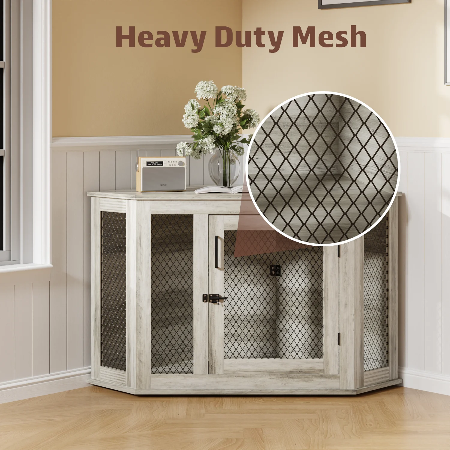 Bossin 44"Corner Dog Crate Furniture，Wooden Dog Kennel Indoor Furniture，Decorative Dog Crate