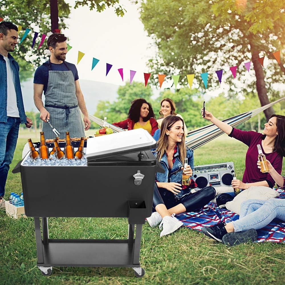 80 Quart Rolling Ice Chest, Portable Patio Party Bar Drink Cooler Cart, with Shelf, Insulated Rolling Cooler Cart with Bottle Opener