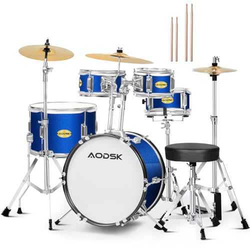 AODSK Kid Drum Sets 5-Piece for Beginners, 14 inch Full Size Complete Drum Kit with Adjustable Throne, Cymbal, Hi-Hat, Pedal & Drumstick, Black