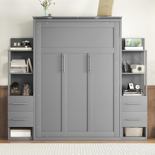 Harper & Bright Designs Full Size Murphy Bed Wall Bed with Storage Shelves, Drawers and LED Lights