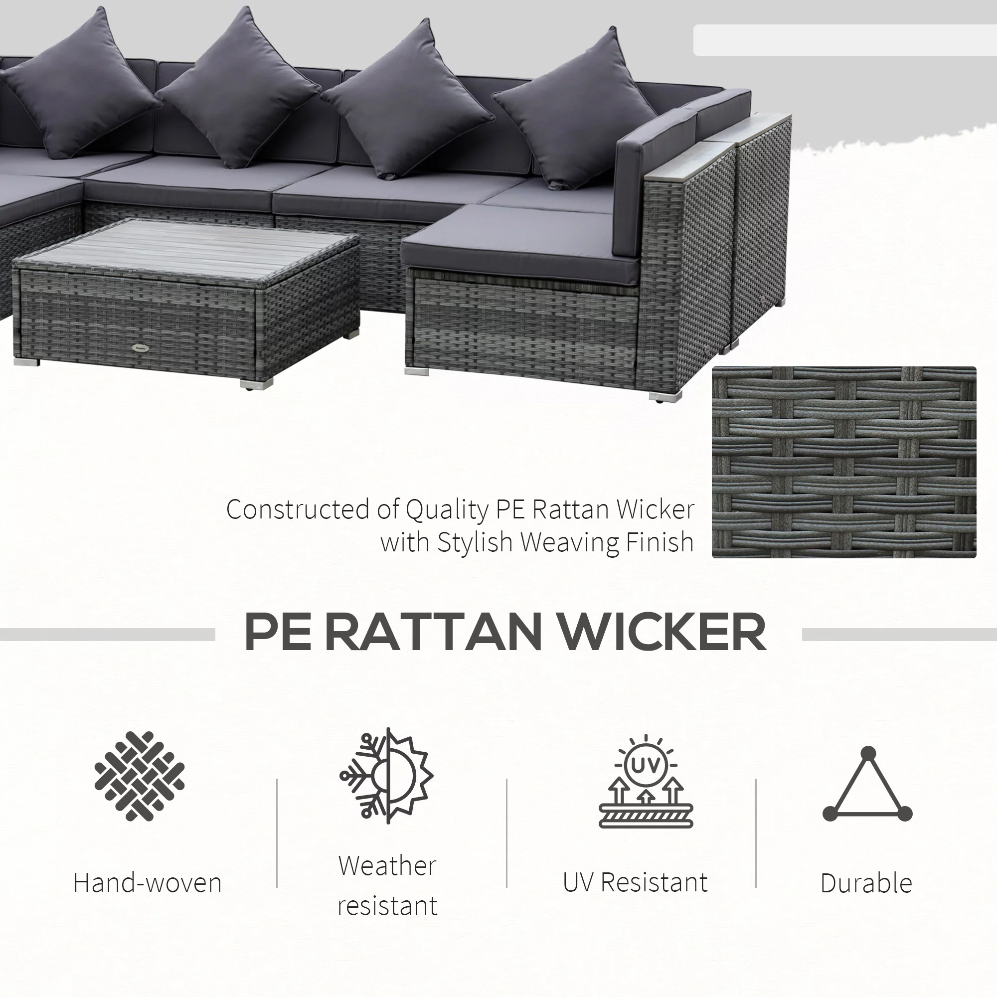 Outsunny 7-Piece Patio Furniture Sets PE Rattan Sectional Sofa Set Outdoor Conversation Set w/ Acacia Top Coffee Table & Cushion for Garden, Backyard