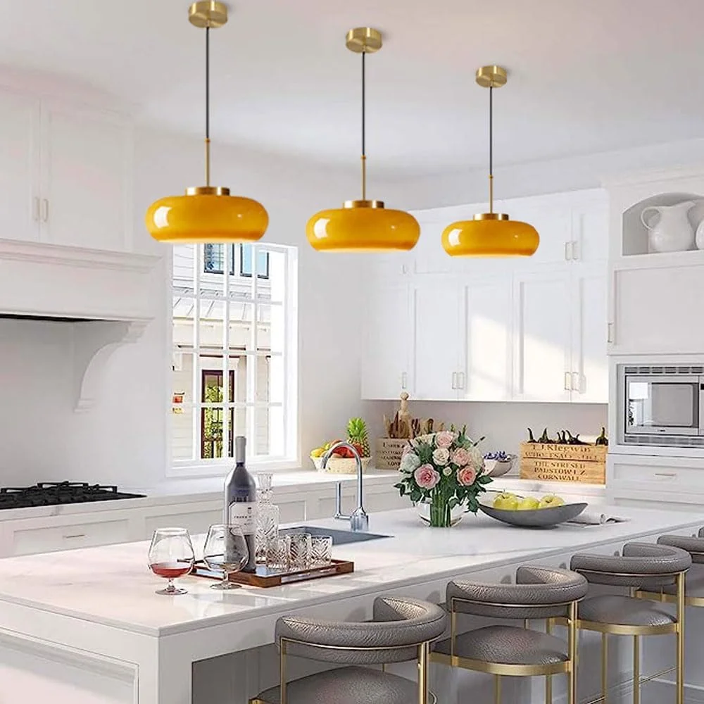 Arturesthome Ceiling Light Fixture Glass Lampshade Pendant Light with Brass Cover Amber Glass Hanging Lamp Vintage Yellow Glass Semi Flush Mount