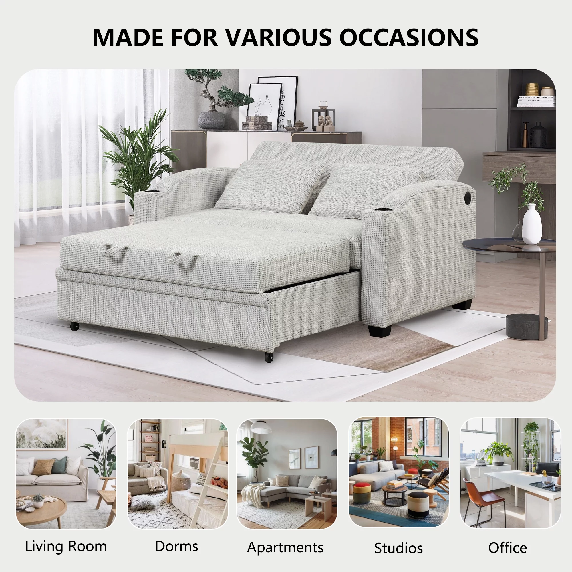 65" Pull Out Sofa Bed Modern Chenille Convertible Loveseat Sofa with Adjsutable Backrest, 2 Pillows, Cup Holders, USB Ports for Living Room