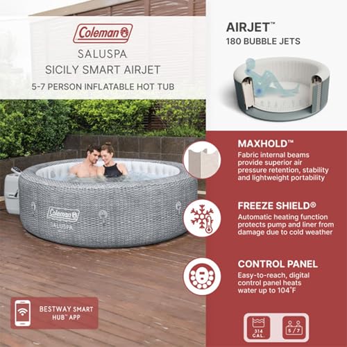 Bestway Coleman Sicily AirJet Large Round 5 to 7 Person Inflatable Hot Tub Portable Outdoor Spa with 180 AirJets and EnergySense Cover, Grey